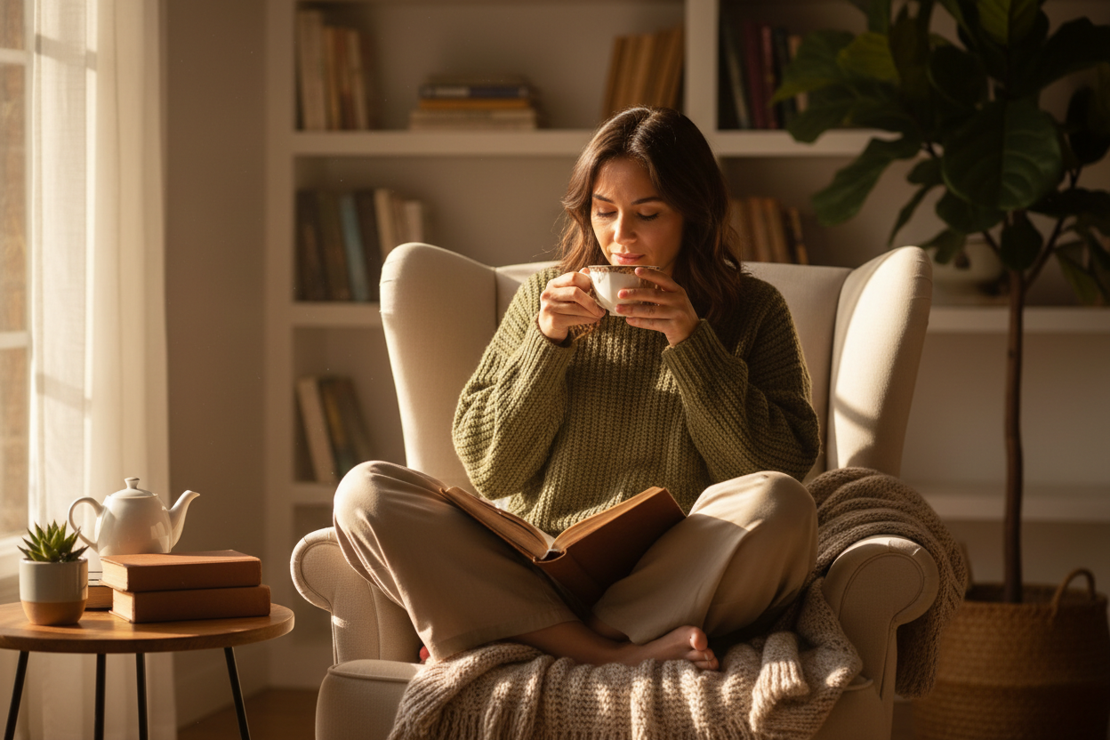 Une photo d'une femme sereine, en train de boire un thé ou de lire, avec une lumière douce. Ça vend le résultat (la sérénité).